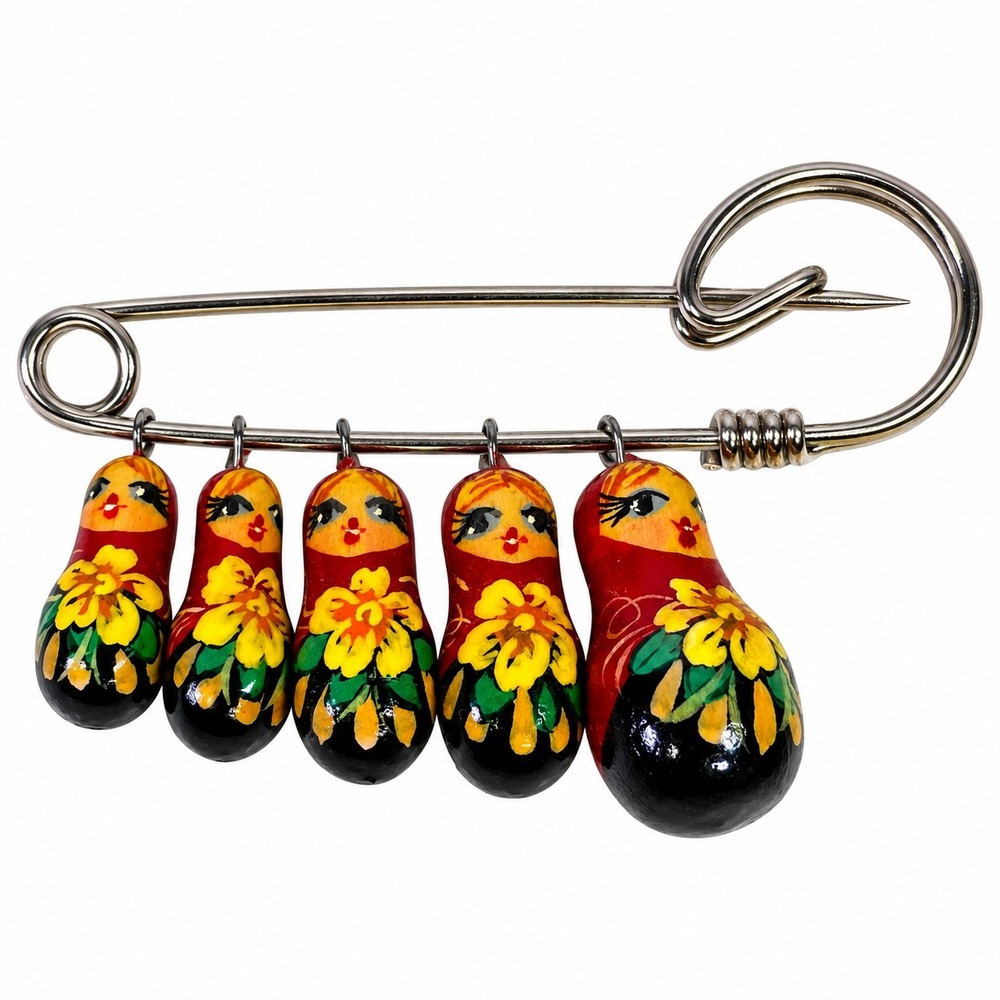 Vintage Russian Matryoshka Nesting Doll Safety Pin Brooch Hand Painted Wood 3in
